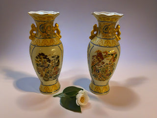 Pair Vintage Vases Japanese Satsuma-style Moriage Porcelain