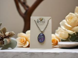 Oval Necklace Dichro-ISH and Resin Purple Bluew/ silver chain