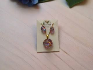 Necklace & Earrings Dichro-ISH & Resin Pinkish/Gold w/ gold chain