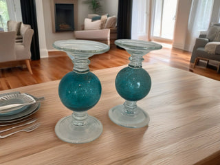 Pair Contemporary Hand-Blown Glass Pedestal Candlestick Holder