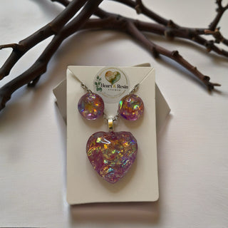 Heart Necklace & Earrings Dichro-ISH & Resin Pinkish/Gold w/ silver chain