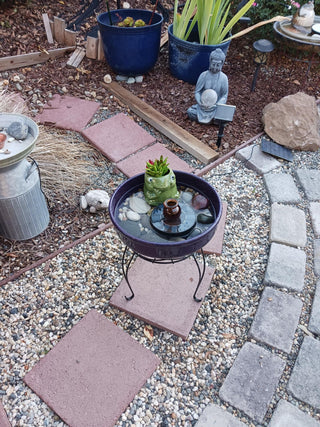 Outdoor Bird Bath with Solar Fountain & Frog with Faux Succulents