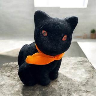 Black Cat Halloween Figurine with Orange Ribbon Tie & Eyes