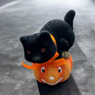 Vintage Flocked Halloween Cat on Pumpkin