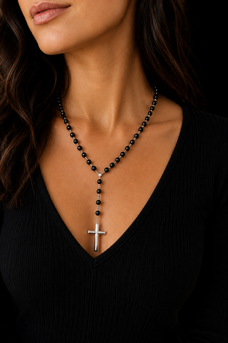 ROSARY CROSS NECKLACE - BLACK
