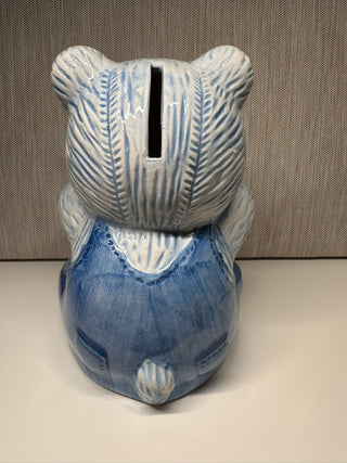Vintage Blue and White Teddy Bear with Overalls Ceramic Piggy Coin Bank