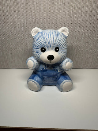 Vintage Blue and White Teddy Bear with Overalls Ceramic Piggy Coin Bank
