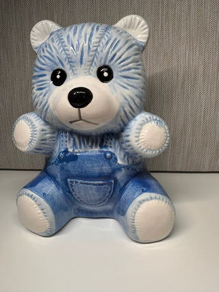 Vintage Blue and White Teddy Bear with Overalls Ceramic Piggy Coin Bank