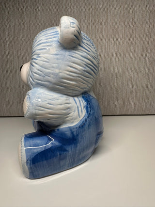 Vintage Blue and White Teddy Bear with Overalls Ceramic Piggy Coin Bank