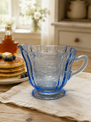 1930s Jeannette Blue Depression Glass Windsor Diamond Warm Syrup Pitcher