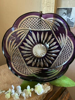 Bohemian Purple / Clear Lead Crystal Scalloped Rim Bowel