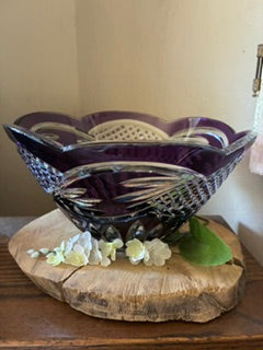Bohemian Purple / Clear Lead Crystal Scalloped Rim Bowel