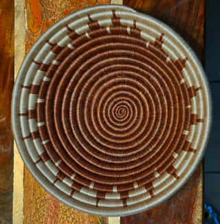 Brown and Cream  Woven basket bowl, 8" x 3"