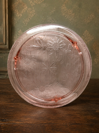 1930s Jeannette Pink Depression Glass Sunflower 3-Footed Cake Plate