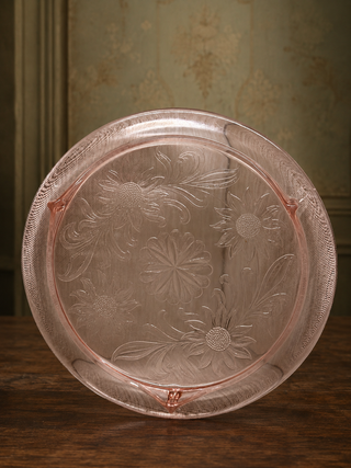 1930s Jeannette Pink Depression Glass Sunflower 3-Footed Cake Plate