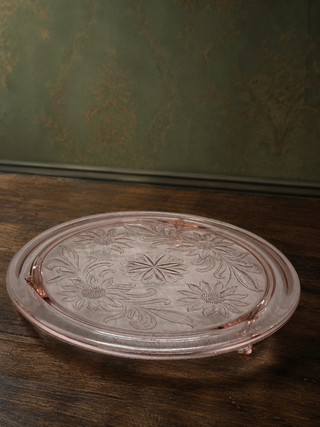 1930s Jeannette Pink Depression Glass Sunflower 3-Footed Cake Plate