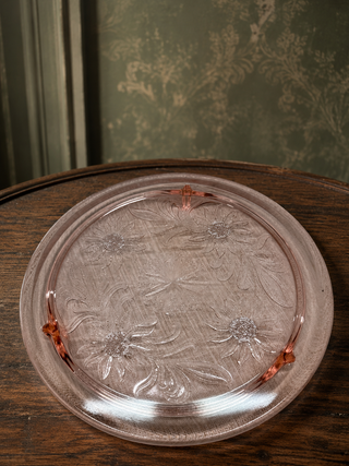 1930s Jeannette Pink Depression Glass Sunflower 3-Footed Cake Plate