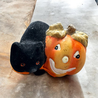 "Vintage Style Flocked Black Cat & Pumpkin"