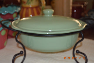 Southern Living Gail Pitman sage oval casserole with metal stand