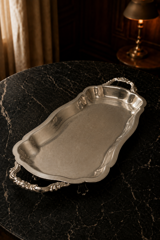 F.B. Rogers Silverplate Footed Serving Tray — Ornate Handle & Scroll Feet