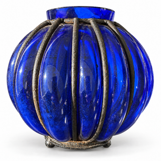 Vintage Cobalt Blue Ribbed Glass Globe Decorative Orb Metal Cage Frame