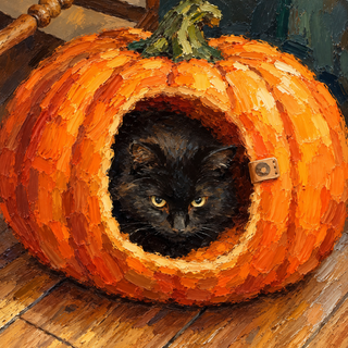 Pumpkin cat  giclee print with overpainting framed, 5 x 7”
