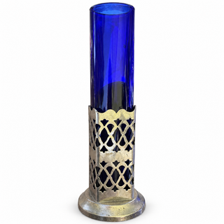 Vintage Cobalt Blue Glass Bud Vase in Pierced Silver-Tone Metal Holder