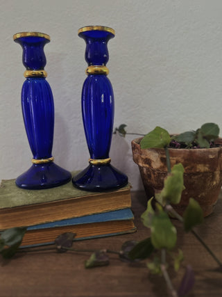 Vintage pair cobalt blue candlesticks