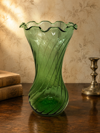 1960's  Emerald Green Spiral Optic Swirl Glass Ruffled Vase