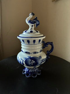 Gzhel Porcelain Lidded Creamer w/ Rooster Finial