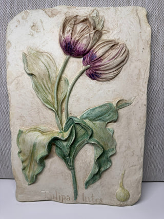 Hen-Feathers Botanical Collection Hand Cast High Relief Tulip Wall Plaque Vtg.
