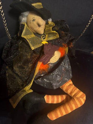 Halloween Fabric Witch Shelf Sitter Medium approx. 21" Hanging Leg Holding Cat Decor