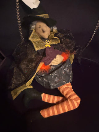 Halloween Fabric Witch Shelf Sitter Medium approx. 21" Hanging Leg Holding Cat Decor