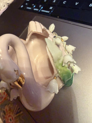 Vintage Lefton China Pink Porcelain Swan Trinket Dish Lily of the Valley #193