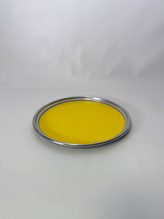 Vintage Yellow Round Serving Tray Silver Tone Metal Rim Approx 13 Inch