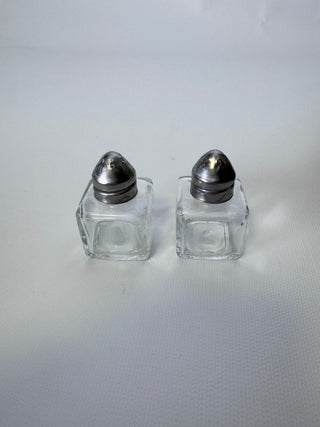 Mini Clear Glass Cube Salt & Pepper Shakers Pair Silver Tone Lids 2 Inch