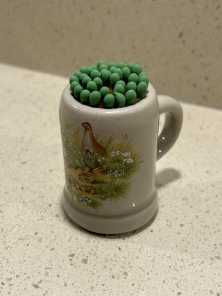 Mini Vintage Stoneware Stein/Match Holder, Outdoor Scene with Quail