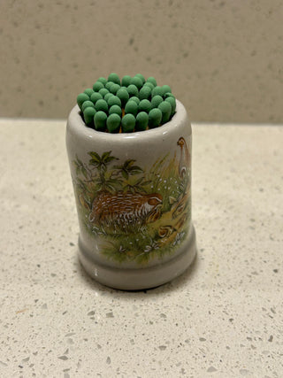 Mini Vintage Stoneware Stein/Match Holder, Outdoor Scene with Quail