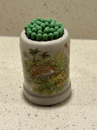 Mini Vintage Stoneware Stein/Match Holder, Outdoor Scene with Quail