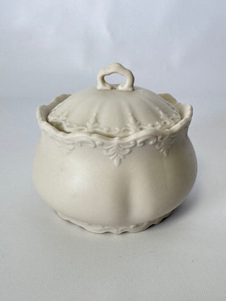 Vintage Cream Ceramic Lidded Jar Raised Floral Garland Scalloped Rim