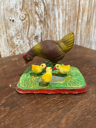4" Vtg Hen & 3 Chicks Chalkware--SP