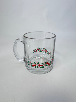 Vintage Clear Glass Christmas Holly Berry Coffee Mug Holiday Glass