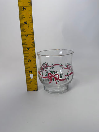 Vintage Clear Glass Christmas Holly Bow Hurricane Tumbler Holiday Cup