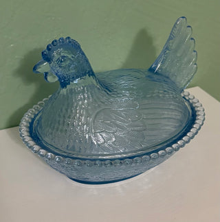 vintage Indiana glass blue hen candy dish rsv