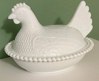 vintage Indiana white milk glass hen candy dish rsv