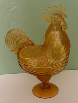 vintage honey amber pressed glass rooster lidded candy dish rsv