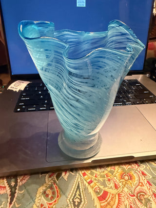 Vintage Hand Blown Art Ruffle Glass Vase Blue Swirl Fluted