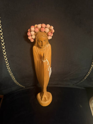 Vintage Wood Carved Virgin Mary Madonna Figurine with rose pedal crown