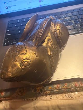 Vintage Gold Tone Metal Bunny Rabbit Trinket Box Lift Off Lid Figurine