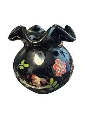 Fenton Signed Floral Black Vase